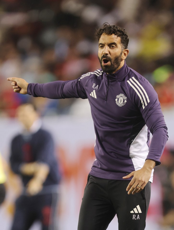 Ruben Amorim, Manchester United head coach, coaching during a game.