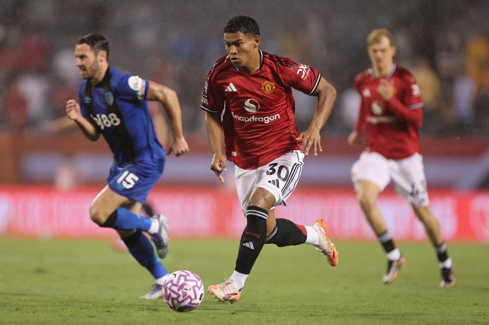Diego Leon of Manchester United controls the ball during a soccer match.