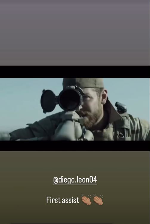 Screenshot of Instagram post showing a soldier aiming a rifle through a scope, with the caption "@diego.leon04 First assist".
