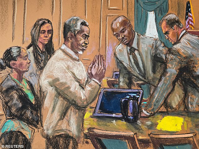The disgraced rap mogul has asked that his conviction for prostitution-related offenses under the federal Mann Act be changed to acquittal, according to documents obtained by TMZ. Pictured: Diddy speaks with his defense team before his sex trafficking trial on June 18