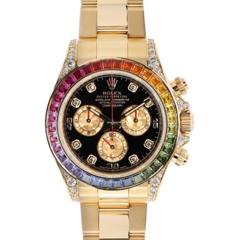 Gold Rolex Daytona Cosmograph watch with rainbow sapphire and diamond bezel.