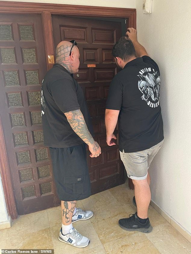 Joanne said: 'We couldn't get him out - we were advised "you can't even knock on the door". We couldn't even go and see him unless we had an appointment with him'. Pictured: Desquatters arrive at the property