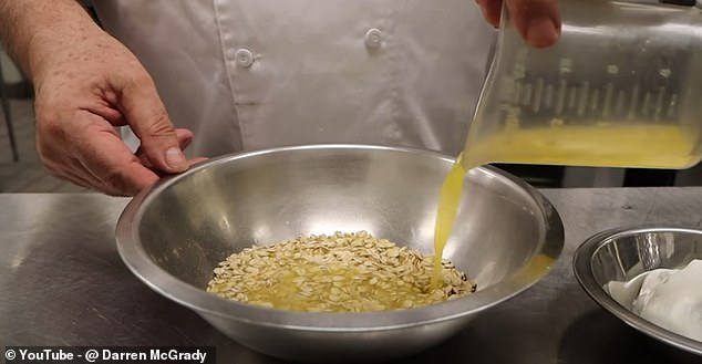 The expert chef showed the camera a silver bowl of uncooked oats, and afterwards poured a jug of freshly squeezed orange juice inside it