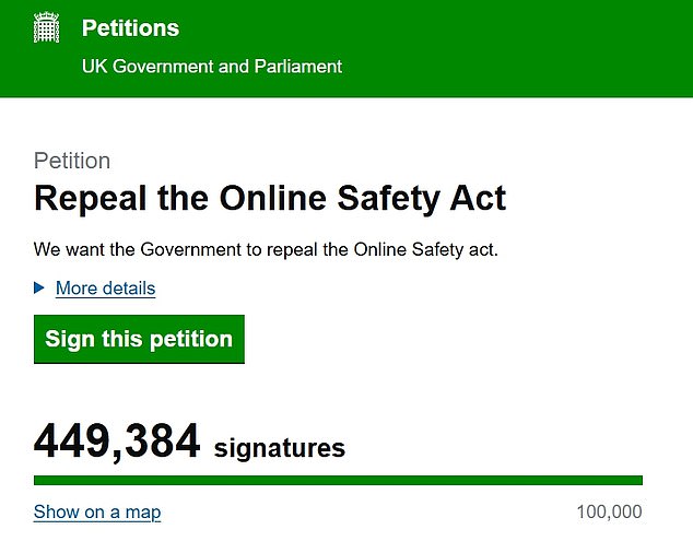Nearly half a million people have signed a petition against the Online Safety Act