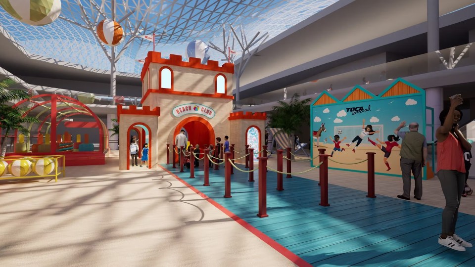 Illustration of a beach-themed play area in a shopping mall.