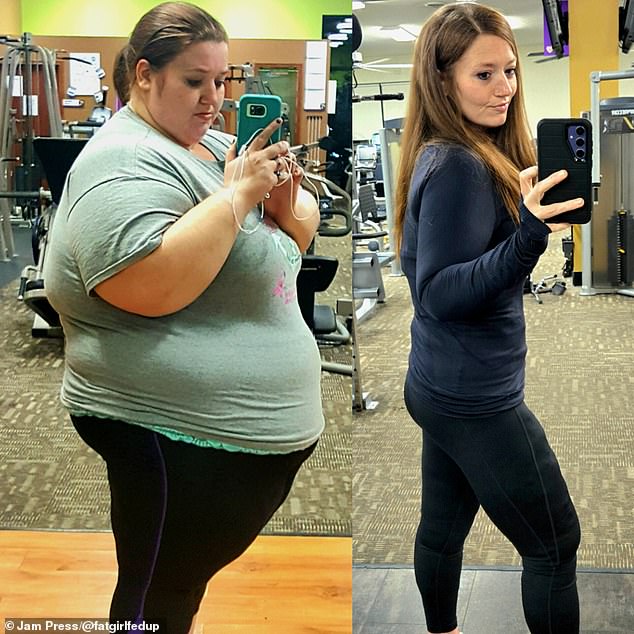 The influencer before losing the weight (left) and after (right) in a gym where she worked out