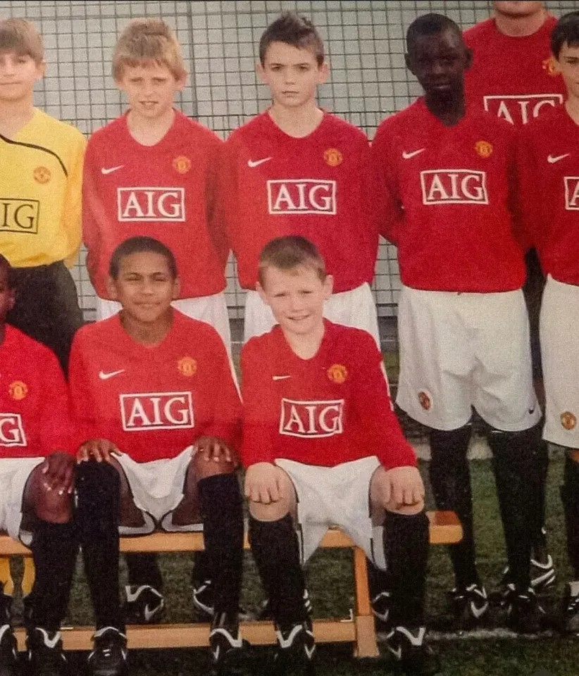 Young soccer players in Manchester United jerseys.