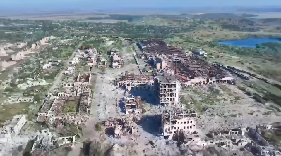 Aerial view of the ruined city of Chasiv Yar in the Donetsk region of eastern Ukraine.
