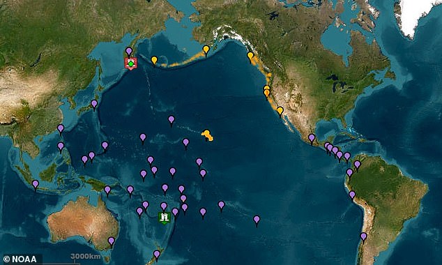 Pictured: All the areas in the Pacific Ocean and beyond that were under various advisory levels following the massive earthquake in Russia
