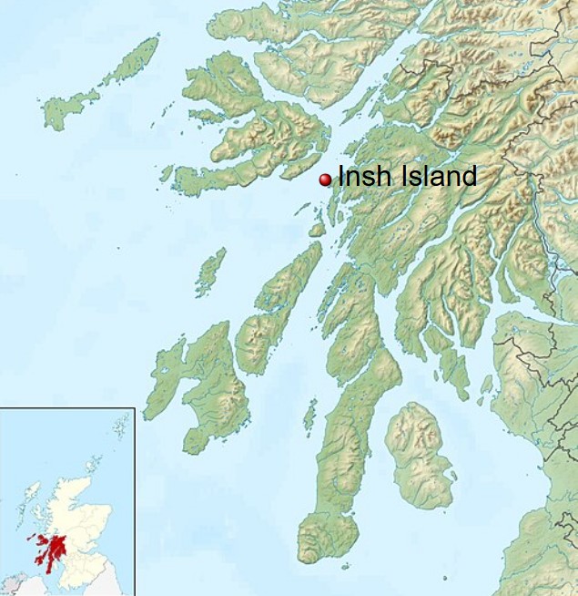 Map showing the location of Insh Island in Scotland.