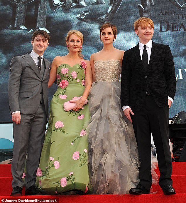 Rowling, 59, has faced intense criticism from several stars of the Harry Potter films, including Daniel Radcliffe (L) and Emma Watson (R) pictured with Rowling and Rupert Grint in 2011