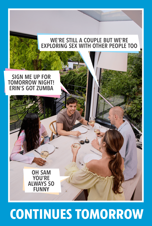 Illustration of four people at a table, with speech bubbles containing dialogue.