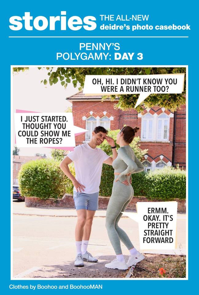 Illustration of a couple running, with speech bubbles containing their conversation.