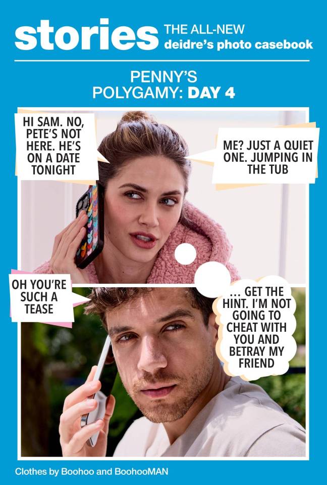 Illustration of a photo casebook page showing a woman and a man on phone calls, with speech bubbles revealing their conversations about a date and cheating.