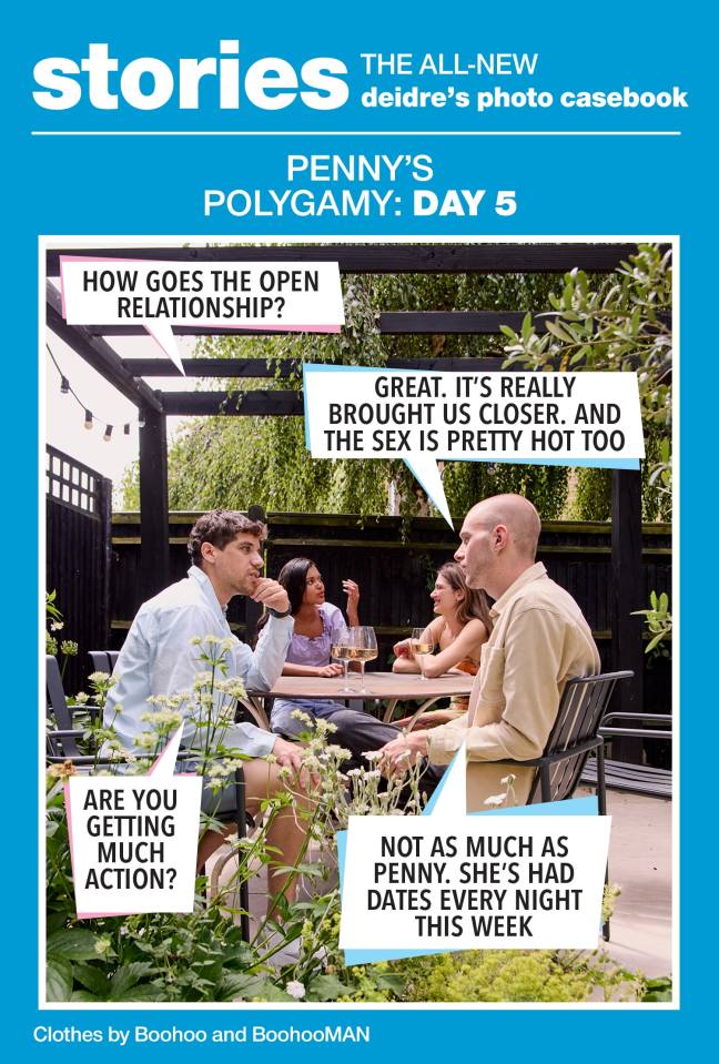 Illustration of people at a table in a garden discussing a polygamous relationship.