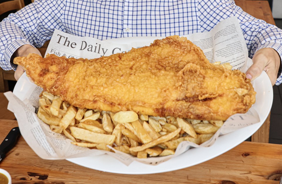 Person holding a large plate of fish and chips.