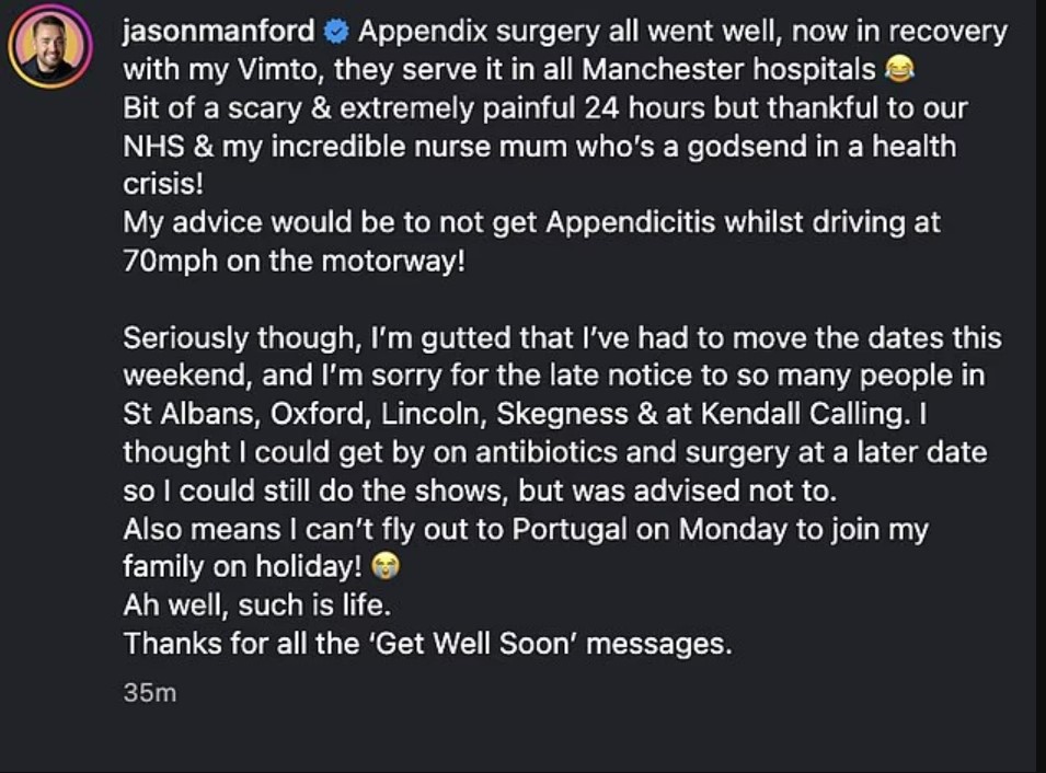Screenshot of a social media post about a successful appendix surgery.