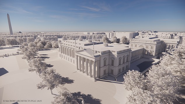 A view of the renovated and expanded White House East Wing from the East. The ballroom project will expand the East Wing by 90,000 square feet