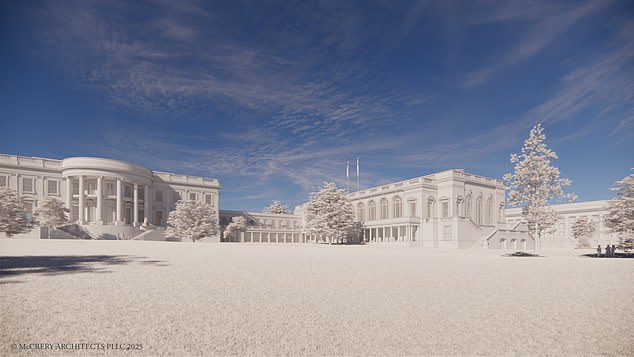 The current White House residence can be seen (left) in a rendering of the new White House ballroom, which will extend and replace portions of the current East Wing (right)