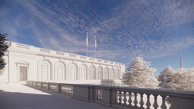 A mock-up of the design shows the current East Colonnade and how it would connect to the expanded and renovated East Wing