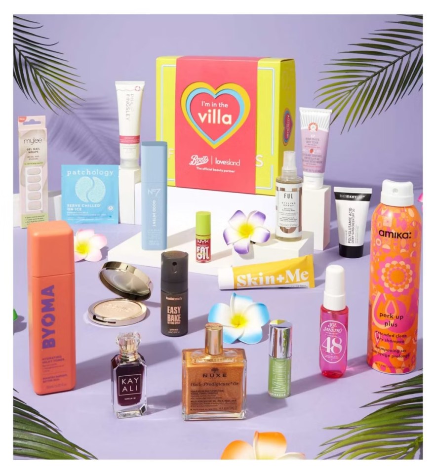 Boots Love Island beauty box with various beauty products.