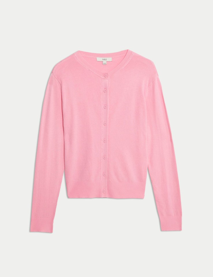 Pink crew neck cardigan.