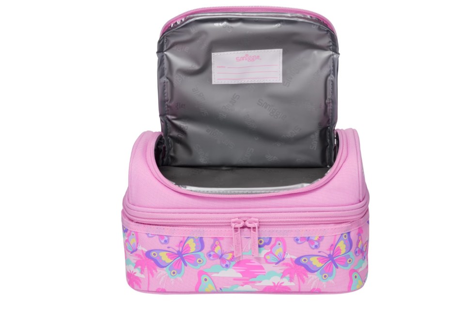 Pink double-decker lunchbox with butterflies.