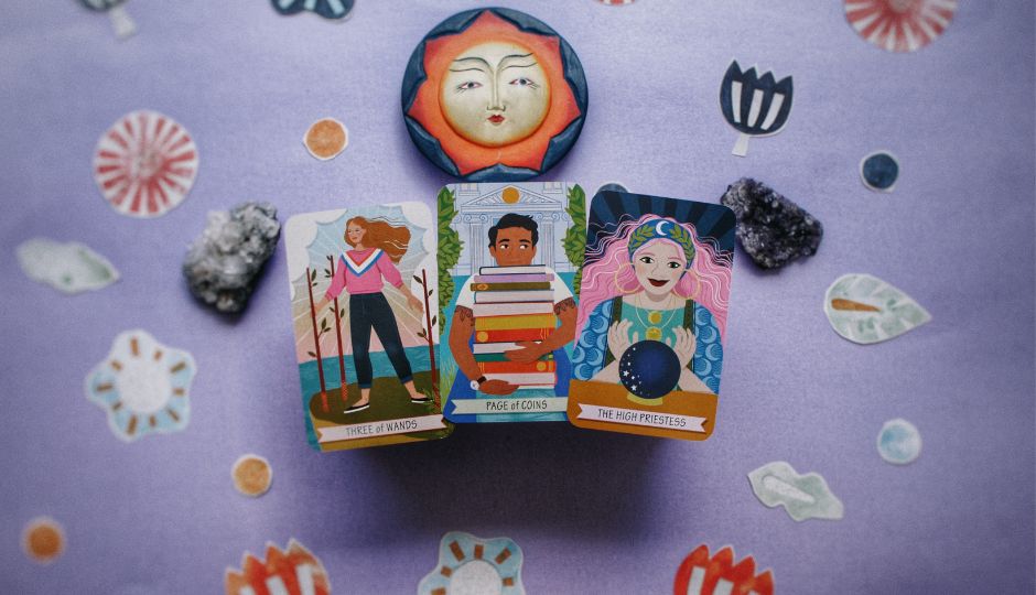 Illustration of three tarot cards: Three of Wands, Page of Coins, and The High Priestess.