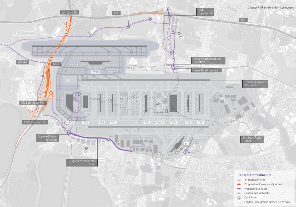 Illustration of Heathrow Airport expansion plans, showing proposed motorways, roads, and junctions.