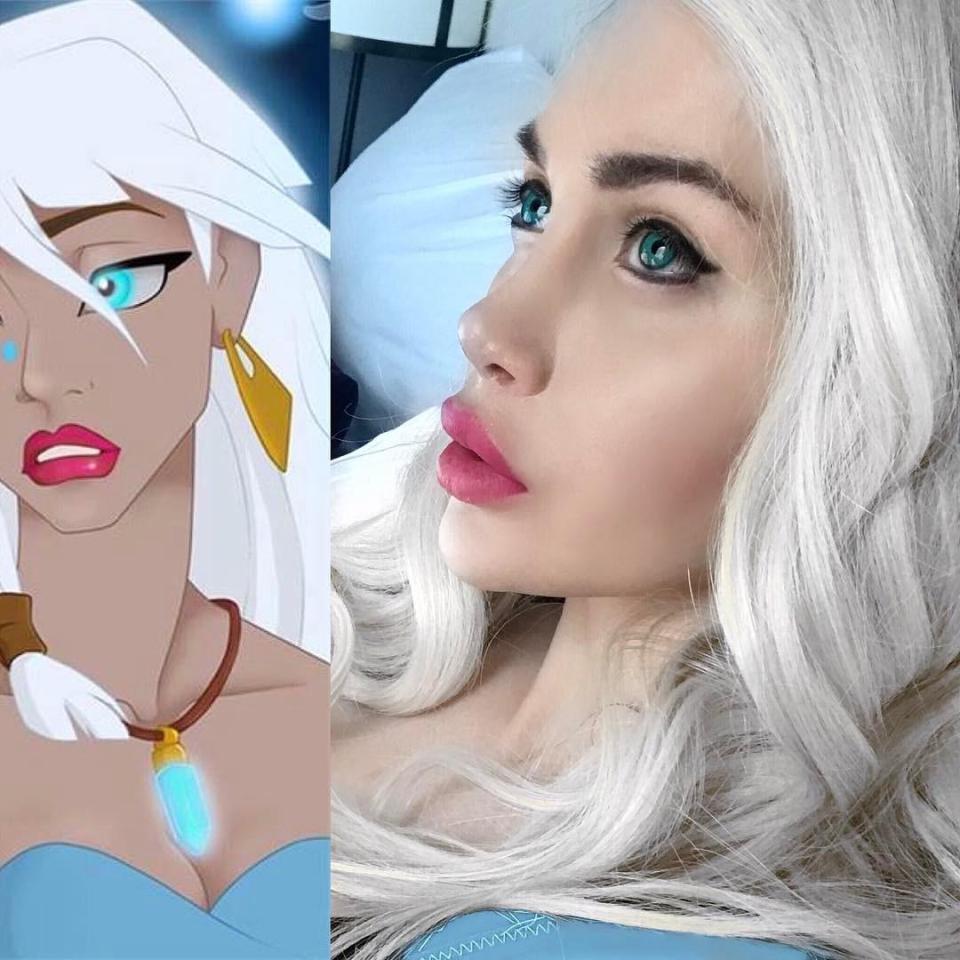 A model with platinum blonde hair styled like Disney's Giselle.