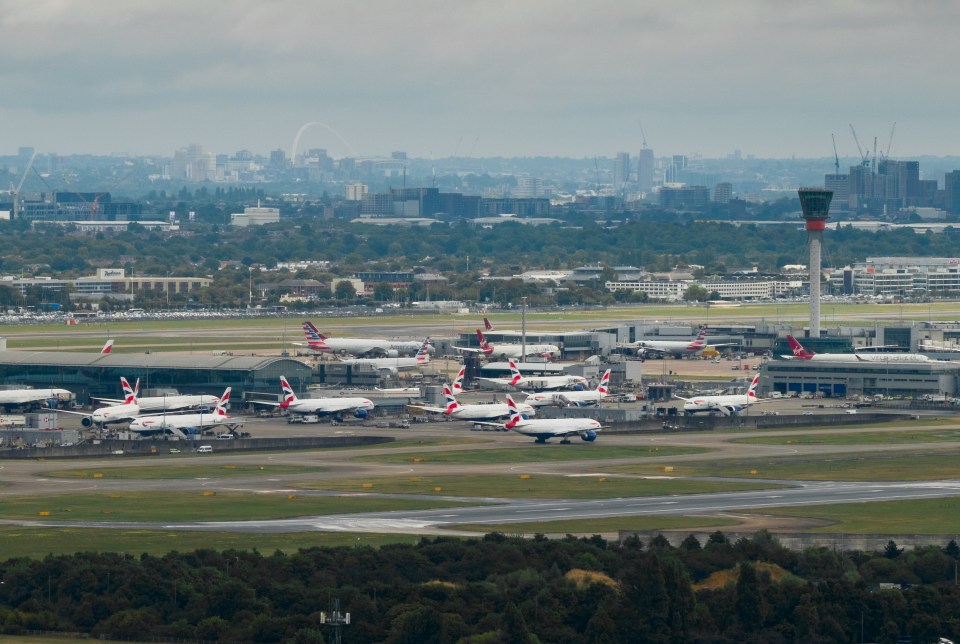 Passenger airplanes at Heathrow Airport, London, following a national air traffic control system failure.