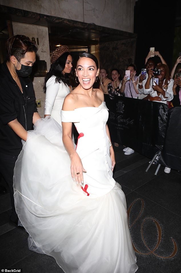 AOC leaves the Carlyle hotel for the Met Gala on September 13, 2021