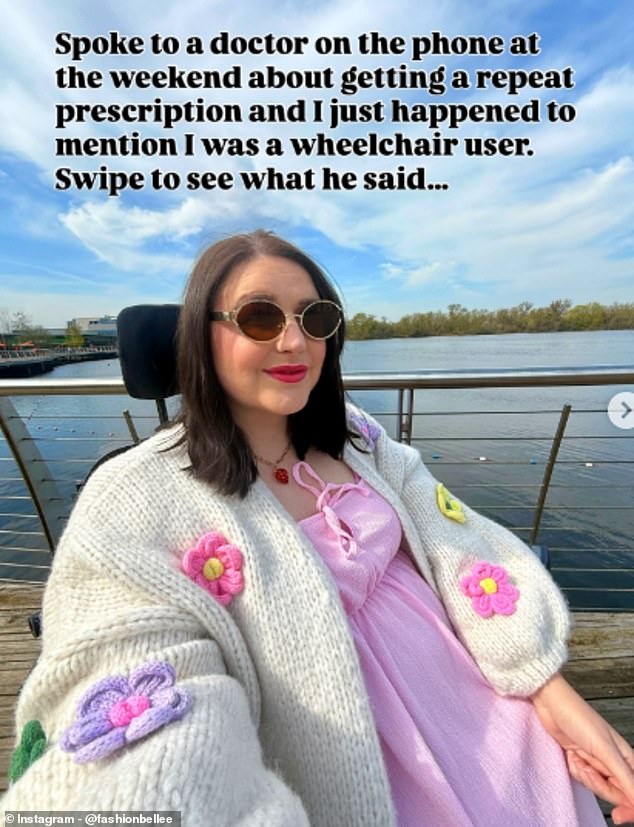 Wheelchair user Sophie Bradbury-Cox (pictured) took to Instagram, where she has almost 37,000 followers, to explain what happened when she asked for a repeat prescription