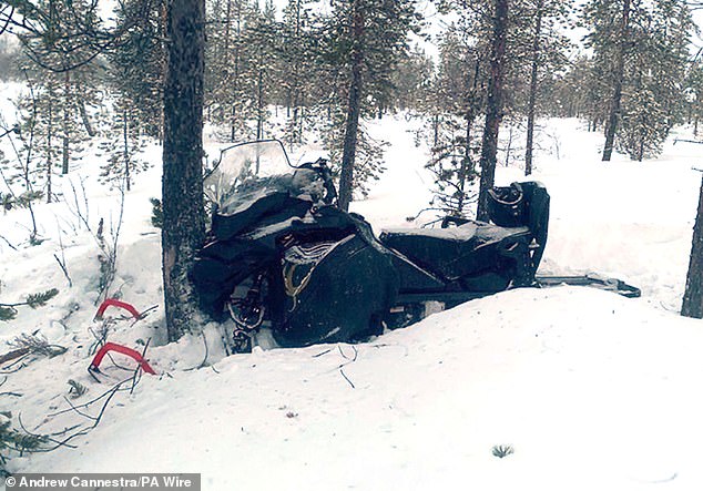 The wreckage of the snowmobile after Mr Cannestra crashed into a tree while negotiating an awkward forest turn