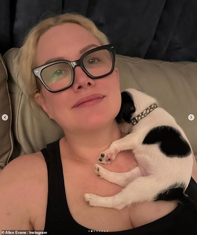 Alice Evans playfully quipped that she'd 'fallen in love' during a trip to Europe last week after becoming besotted with her brother's new puppy, amid a series of 'life crises'