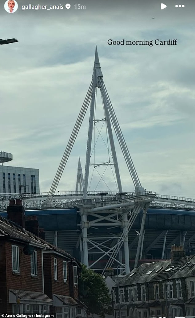 Sharing an update to her Instagram Story, Anais, 25, snapped a photo of the stadium and wrote: 'Good morning Cardiff'