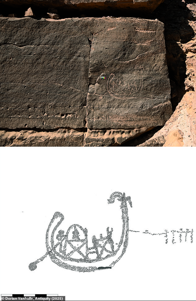 The carving depicts an ornate boat being pulled by five figures. Onboard, one figure steers with a long oar while another sits, partially hidden by a palanquin (an early form of human-powered transport consisting of a box carried by people)