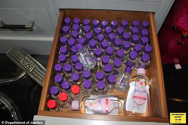 Evidence discussed in court included hoards of baby oil (pictured) found in Combs' home