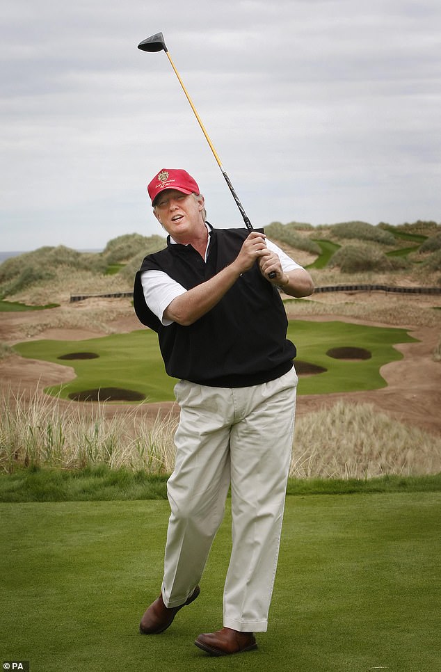President Trump's visit begins on Friday and ends next Tuesday and will include trips to his golf courses in Aberdeenshire and Ayrshire. Pictured at his Aberdeenshire course, above
