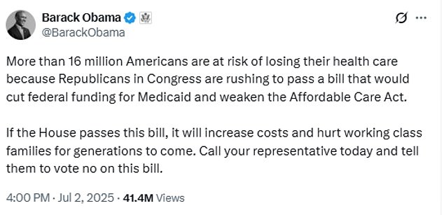 On Wednesday, the Democrat made a post opposing Trump's massive spending bill, which was eventually passed and signed into law Friday afternoon
