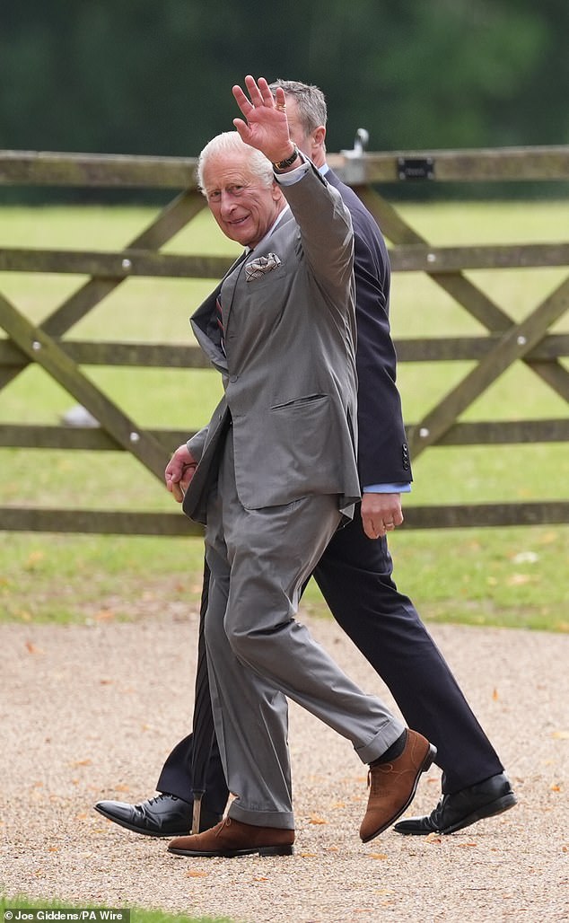 King Charles III waved jauntily at members of the public as he went to and from a Sunday church service at St Mary Magdalene Church