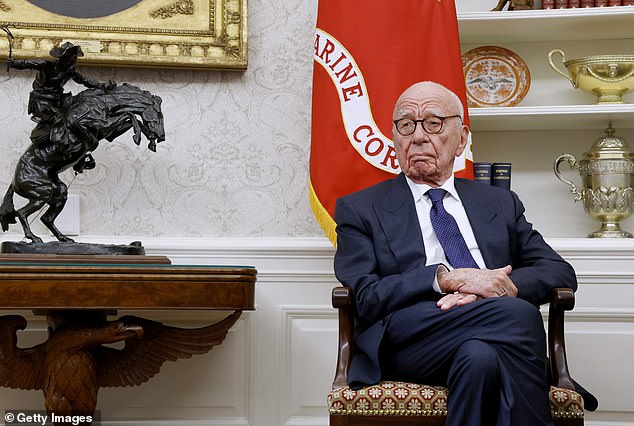Within hours of the report's publication, Trump insisted the letter was fake and vowing to sue the Journal, News Corp and Rupert Murdoch (pictured in the Oval Office in February)