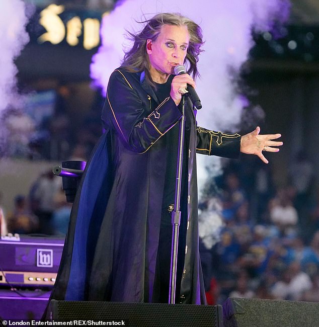 The rocker, 76, (pictured in 2022) is set to take to stage around 8.30pm for his last live performance alongside his bandmates Tony Iommi, Geezer Butler and Bill Ward