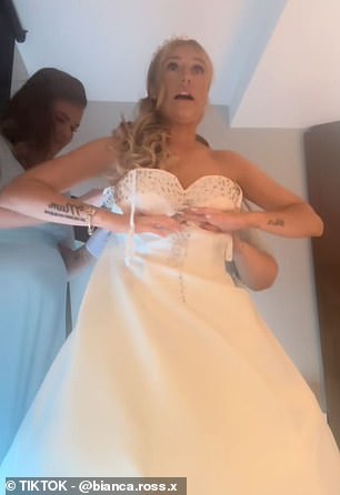 Bride Bianca was brought to tears when her dress ripped just moments before she was due to walk down the aisle