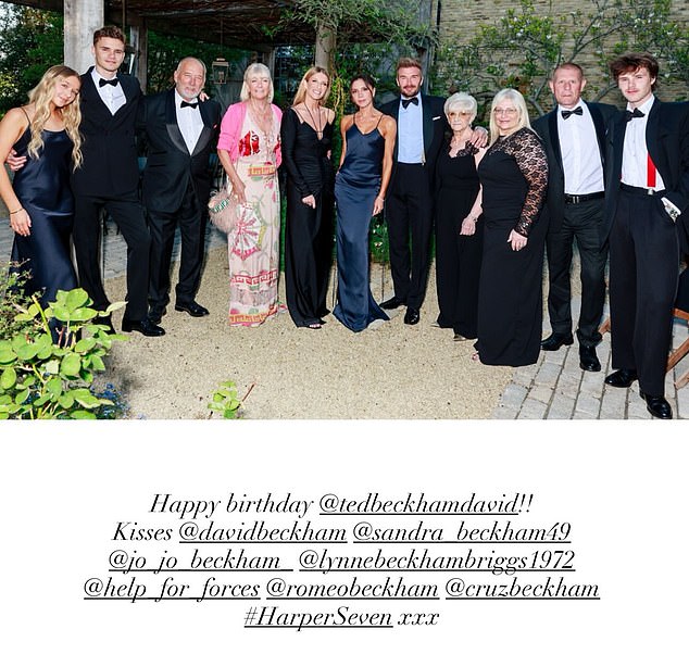 Victoria honoured her own father-in-law Ted Beckham on his 77th birthday with a family snap, that did not include her eldest son and his wife