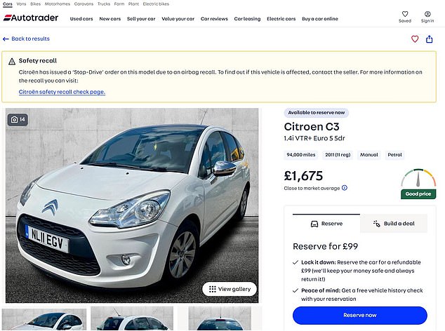Following a Which? investigation last week, Auto Trader now flags adverts on its site if cars have the outstanding recall notice with this yellow 'safety recall' banner above listings. Around 1,000 of these motors are currently for sale on the platform