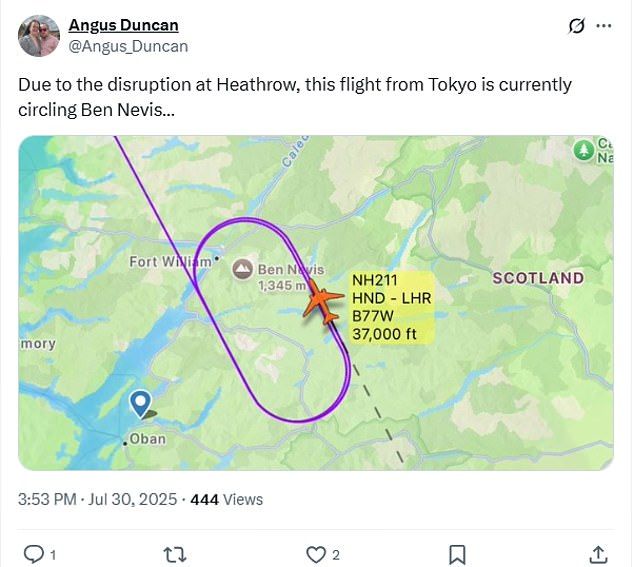 One person on X reported a Heathrow bound flight is currently circling Ben Nevis while unable to land safely