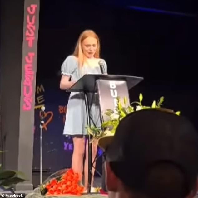 Sarah Grace Patrick, 17, delivered a tearful eulogy at a church service in Georgia for her mother Kristin and stepfather James Brock, only to be charged with their murders months later