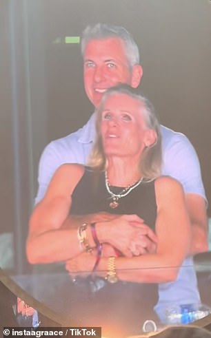 As the frontman panned his 'kiss cam' around the crowd at Gillette Stadium, the pair looked horrified to be seen by thousands on the big screen