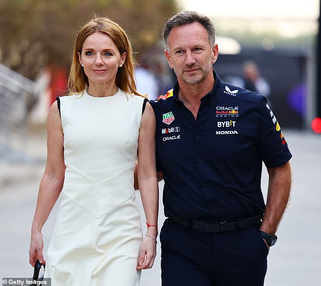 Beverley had spent 14 years with Horner before he married Geri Halliwell following their split. Horner is pictured with his wife Geri at the 2024 Bahrain Grand Prix